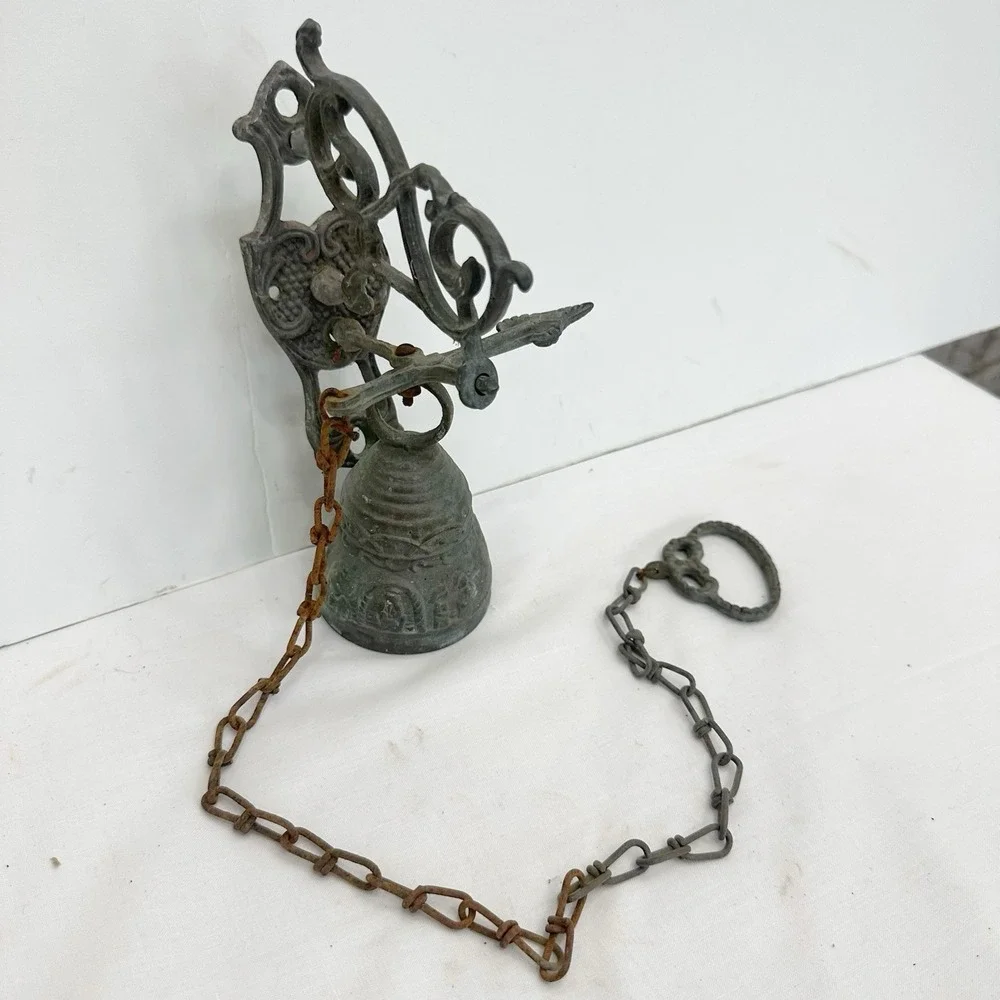 Vintage Brass Wall-Mounted Door Monastery Bell W/ Chain & Pull Handle Patina